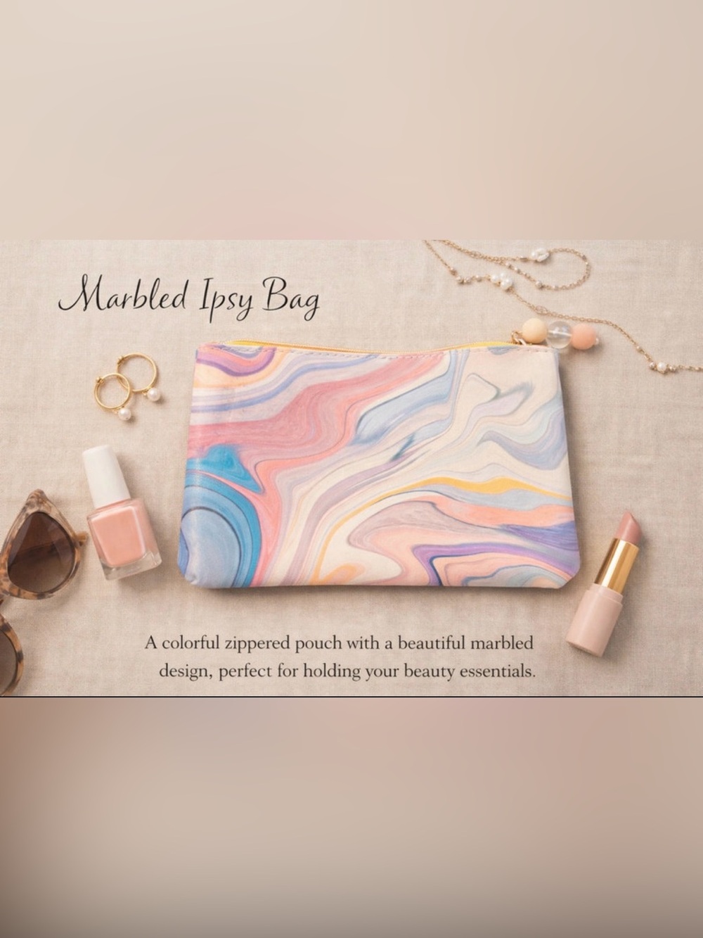 ipsy Marbled Pastel Cosmetic Pouch in Pink, Blue, Cream, Yellow